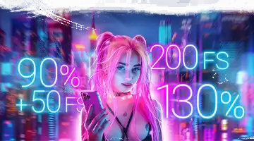 Image of a woman with pink hair holding a smartphone, representing Vulkan Platinum Web-casino's bonus offers, with neon text for free spins and deposit percentages.