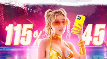 Image of a woman in a gold outfit holding a phone, symbolizing the weekly bonus at Vulkan Platinum Internet-casino with highlighted percentage and free spin offers.