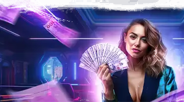 Image of a woman holding a fan of money bills, symbolizing the cashback bonus at Vulkan Platinum Gambling platform.