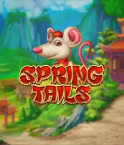 An enchanting illustration of a white rat wearing a red traditional Chinese outfit standing in a scenic mountain backdrop. The image is for the Spring Tails Slot by Betsoft, showcased with bold red and gold logo lettering.